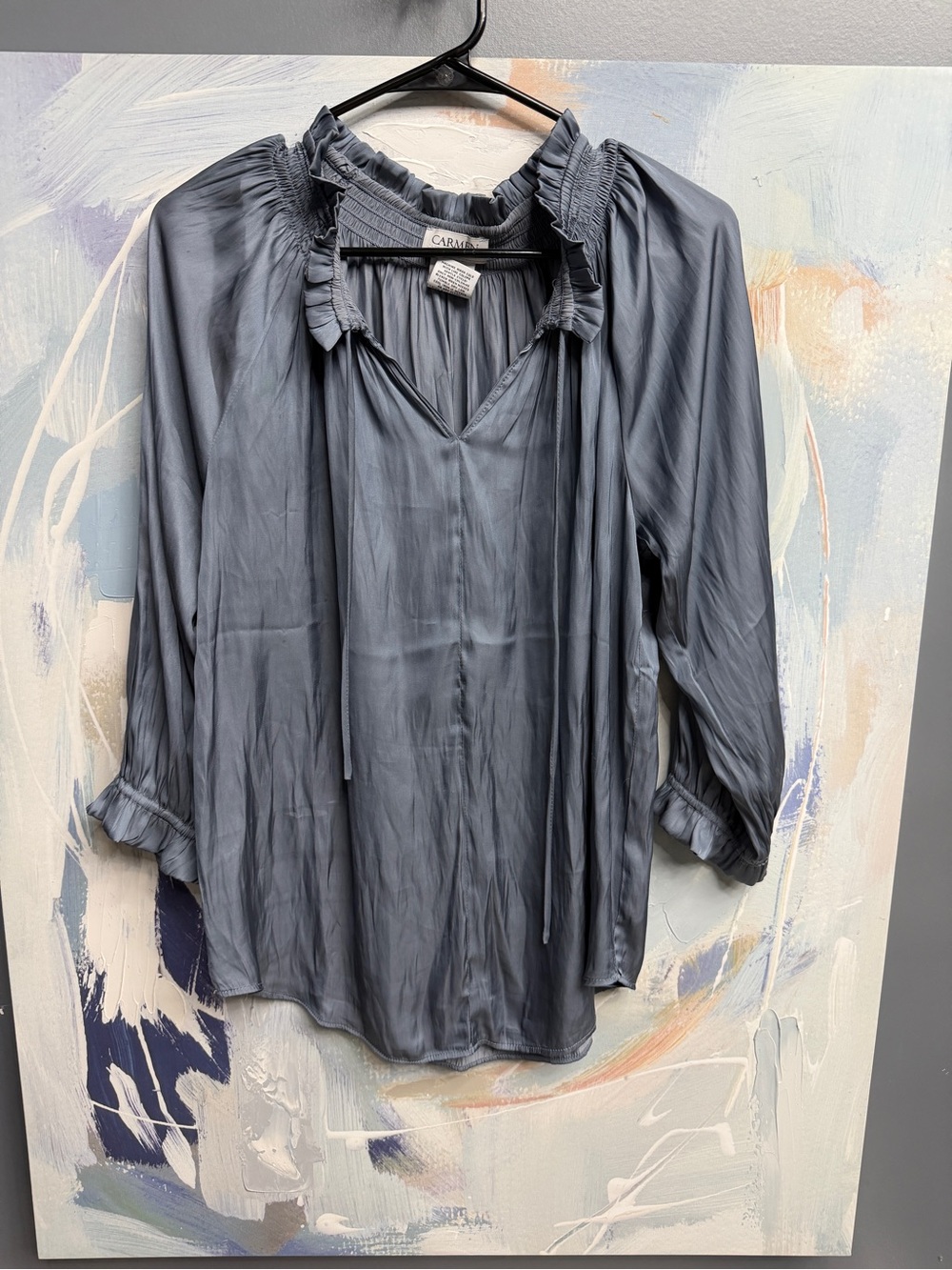 Carmen Marc Valvo Slate Blue Satin Blouse Ruffle Smocked V Neck Long Sleeve M